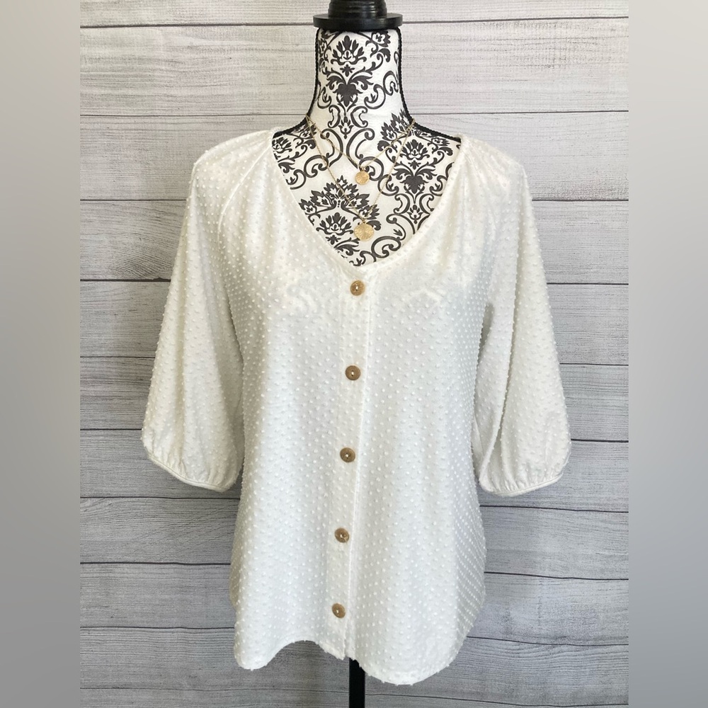 W5 | Women’s White Swiss Dot V-Neck 3/4 Sleeve Button Down Blouse